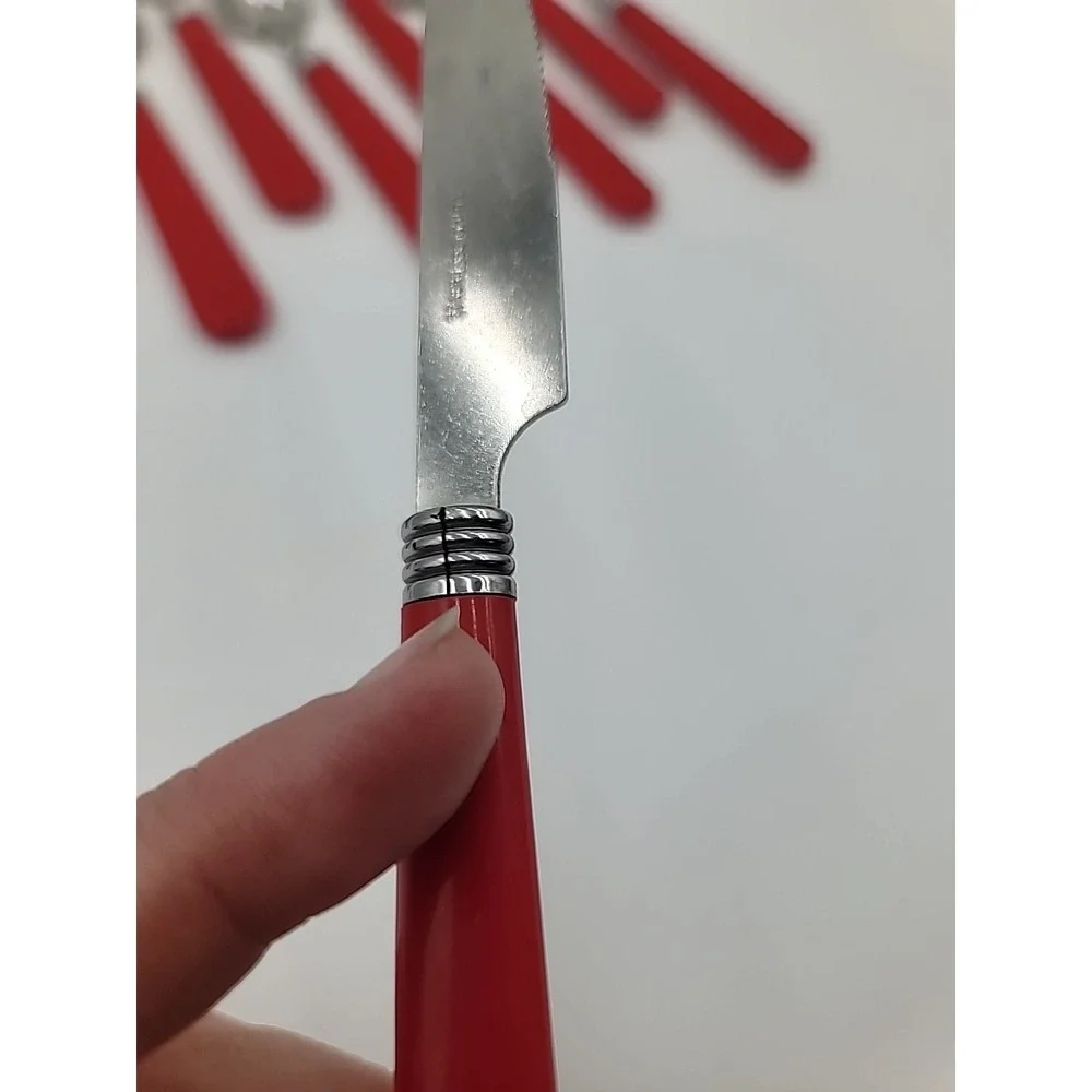 VTG 14 pcs Silverware Set RED Plastic Handles Stainless Retro Chrome RV Flatware